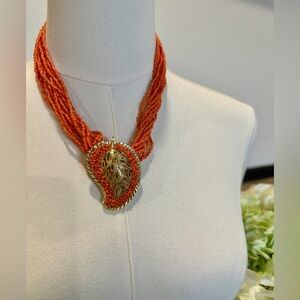 Orange Multi-Strand Beaded Necklace w/ Gold Leaf Pendant | Bold Statement